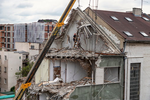 Belgrade, Serbia, May 30, 2019: A demolition process of a disused building in Zemun.
