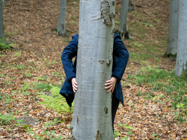 woman hugging old tree, forest bath stand behind give hug. nature lovers embrace big trunk - beginnings new life spirituality block foto e immagini stock