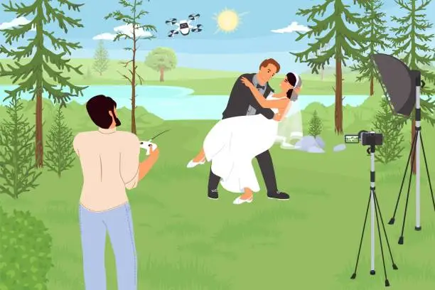 Vector illustration of Wedding photo shoot with smart technology equipment