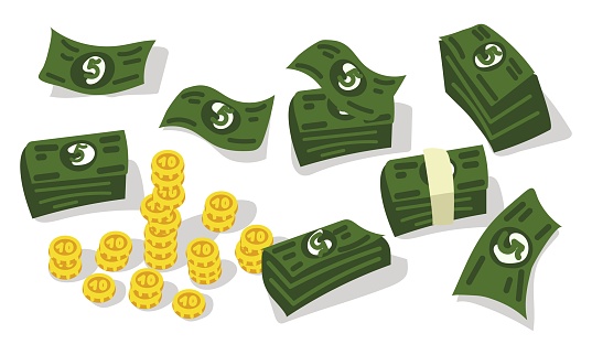 A set of paper money and coins. Packaging in bundles of banknotes, banknotes fly, gold coins. Flat vector cartoon money illustration. Objects isolated on a white background.