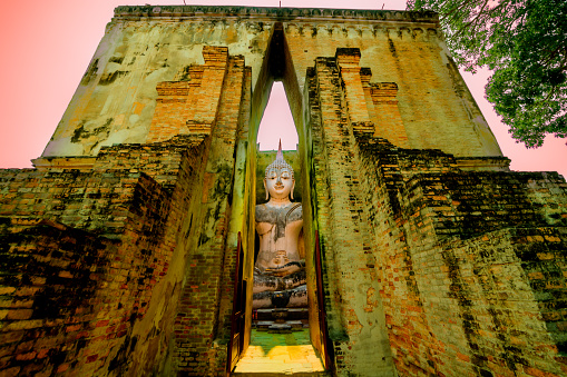Ancient Sukhothai style Buddha statue at Wat Sri Chum, Sukhothai Province.