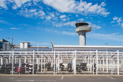 Bordeaux, France - April 8th, 2024: Air traffic tower at Bordeaux airport.