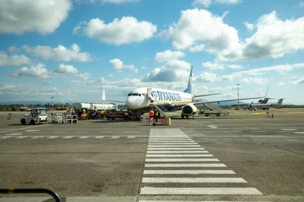 Alicante, Spain- June 28, 2025:Plane of Ryanair company taking off at Alicante-Elche Miguel Hernandez airport with clear sky
