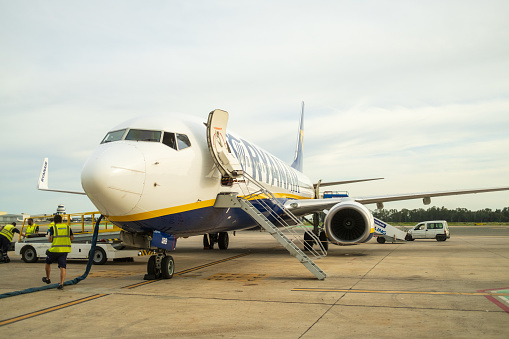 Seville, Spain - March 16, 2024: Ryanair Boeing 737-800 airplane at Seville airport (SVQ) in Spain.