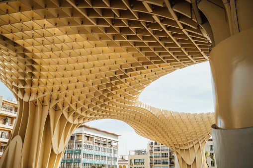 Seville, Spain - March 17, 2024: Metropol Parasol wooden structure located in the old district of Seville, Spain.