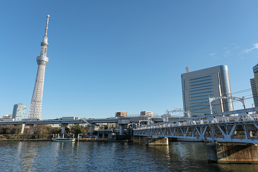 The cityscape of Sumida Ward seen from the banks of the Sumida River