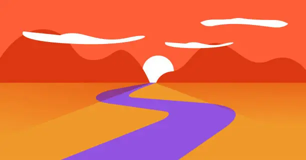 Vector illustration of Sunset on desert river water landscape vector modern simple flat cartoon illustration, calm valley waving path on sunrise and hill, mountains on horizon scene background, western sun dawn image