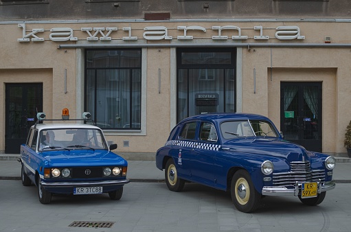 Cracow, Poland - 04/11/2024 Presentation of a historic taxi warsaw m20 renovatedby Krakow MPK employees.
