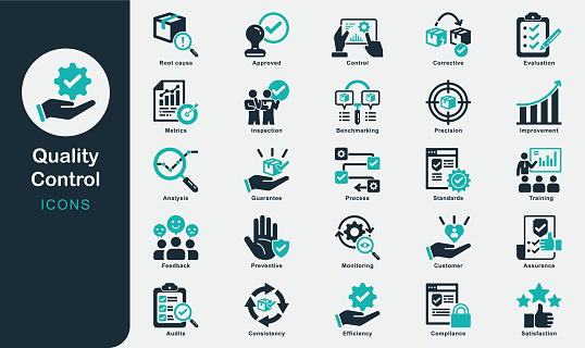 Quality Control solid icons collection.QA, Business, Feedback, Checking, Analysis, Root cause, Control, Assurance, Monitoring, Inspection, Standards, Compliance, Improvement, Conformance, Precision