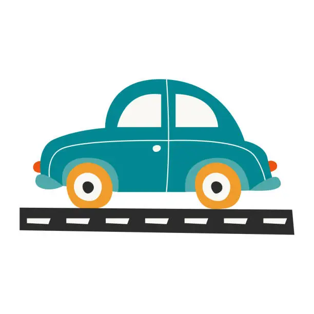 Vector illustration of Car Hand-drawn machine in Scandinavian style on road