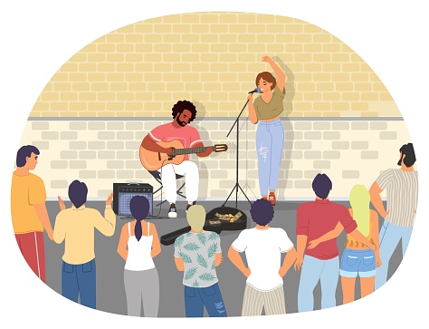 Talented music street performers playing acoustic guitar and singing in microphone vector illustration. Guitarist and soloist couple performing urban concert for citizens