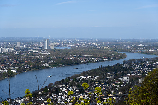 Königswinter, Germany, March 31, 2024 - View of the Rhine and Bonn with the Post Tower as seen from Drachenfels near Koenigswinter.