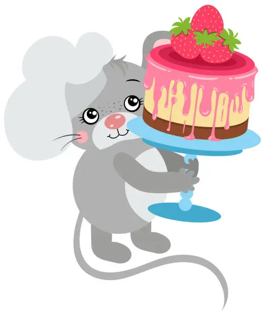Vector illustration of Cook mouse holding a strawberry cake