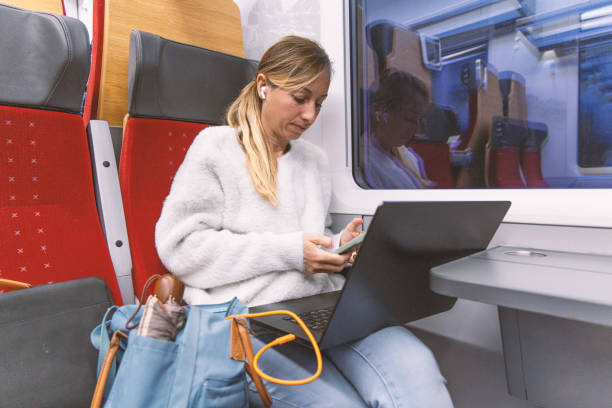 istock Businesswoman Working on Laptop in Train 2148365526