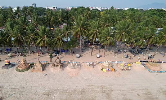 Aerial view of tropical beach on summer vacation , Songkran festival Bangsean Chonburi, Thailand