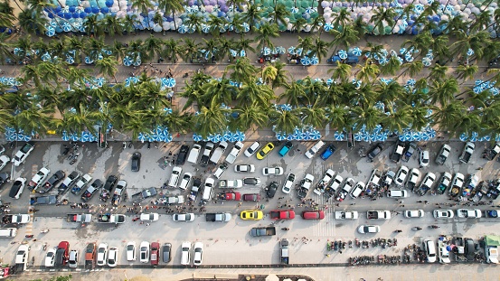 Aerial view of tropical beach on summer vacation , Songkran festival Bangsean Chonburi, Thailand