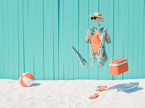 3D rendering of an invisible woman dressed in summer beachwear, with a beach ball, flip-flops, and a cooler beside a wooden turquoise backdrop. Summer leisure concept.