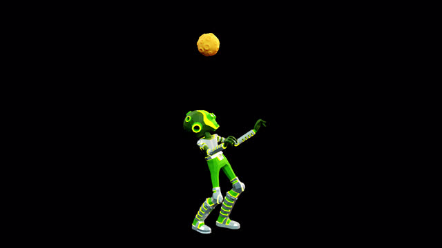 3D Green alien juggles the moon like a football player with a ball.