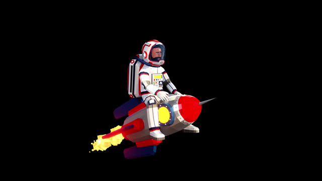 3D spaceman flying, sitting on rocket. Astronaut - space cowboy