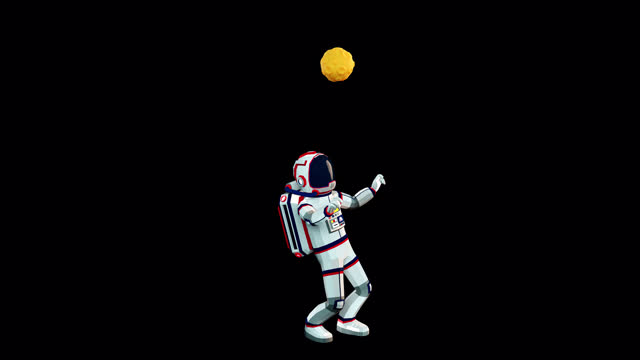 Astronaut in spacesuit juggles the moon like a football player with a ball.