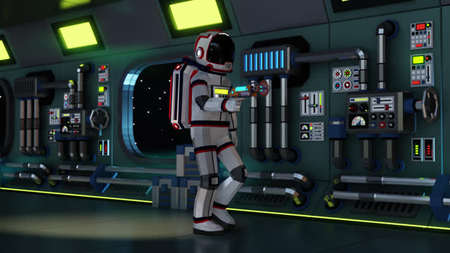 3D astronaut in spacesuit with blaster is walking down corridor of spacecraft