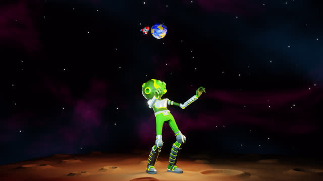 Alien juggles Earth like a soccer player with a ball, standing on the moon surface