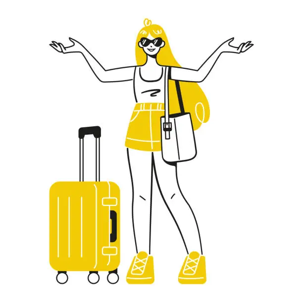 Vector illustration of Happy woman with travel bags, suitcases for vacation trip. Smiling excited girl in sunglasses standing with summer holiday luggage, baggage. Flat vector illustration isolated on white background