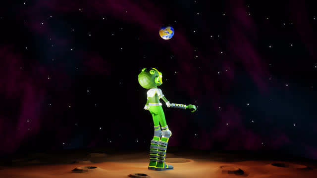 3D Alien juggles Earth like a football player with a ball, standing on the lunar surface.