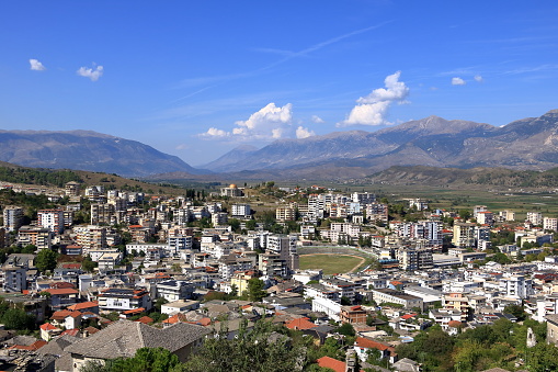 amazing view over Gjirokastra and the valley of the Drino River and surrounding mountains