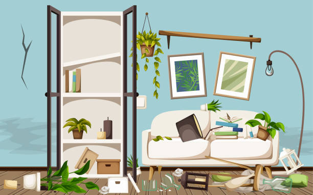 istock Messy living room interior with broken furniture and scuttered stuff. Cartoon vector illustration 2148367217
