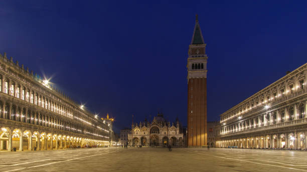 istock An empty illuminated San Marco square with the bell tower and the cathedral at blue hour on a winter evening, Venice, Veneto, Italy 2148367756