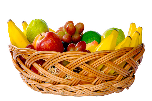 basket of fruit with banana, apple, grape, pear