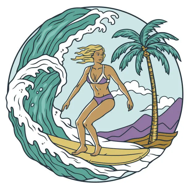 Vector illustration of Extreme girl surfer on surfboard for design of summer beach life. Active woman on surf board with wave and tropical palms for surfing, sea sport. Exotic beach female for ocean design of t shirt print