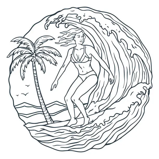 Vector illustration of Female surfer rides ocean waves, exemplifying tropical exotic beach fun. Extreme girl on surfboard for design of summer beach life. Active woman on surf board and wave for surfing or sea sport