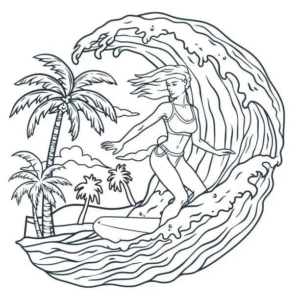 Vector illustration of Exciting tropical beach surfing adventure in hawaii. Featuring a female surfer riding vibrant. Energetic waves with a surfboard in the stunning. Exotic ocean. Surrounded by palm trees and a sunny