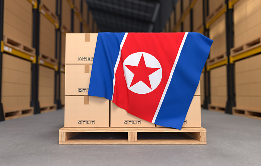 Crate boxes on wooden pallets with North Korea flag, Cartons Cardboard Boxes in the warehouse. 3D illustration