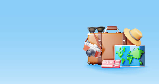istock 3d airline ticket travel bag, photo camera and hat 2148371997