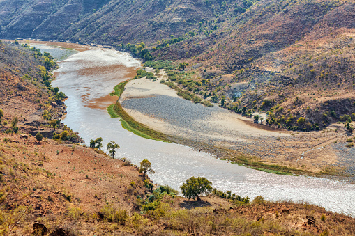 Beautiful mountain landscape with canyon and river Blue Nile, Amhara Region. Ethiopia wilderness landscape, Africa.