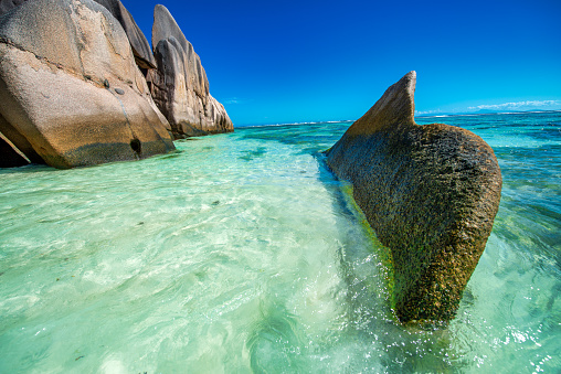 Palm trees and wave sculpted rocks framing an idyllic golden sand beach beside a turquoise lagoon in the Seychelles.