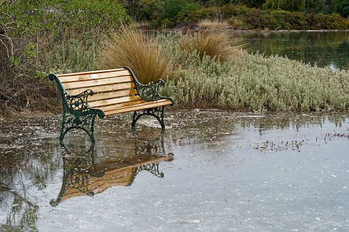 Park bench swamped by a rising sea level, Motueka, south island, Aotearoa / New Zealand's east coast.