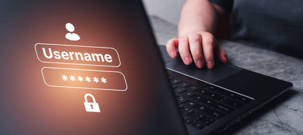 istock Woman use laptop with hologram interface for login with password. 2148372938