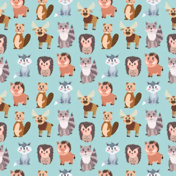 Vector illustration of Seamless pattern with flat cute forest wild animals - boar, beaver, elk, hedgehog, raccoon and wolf. Cute baby print