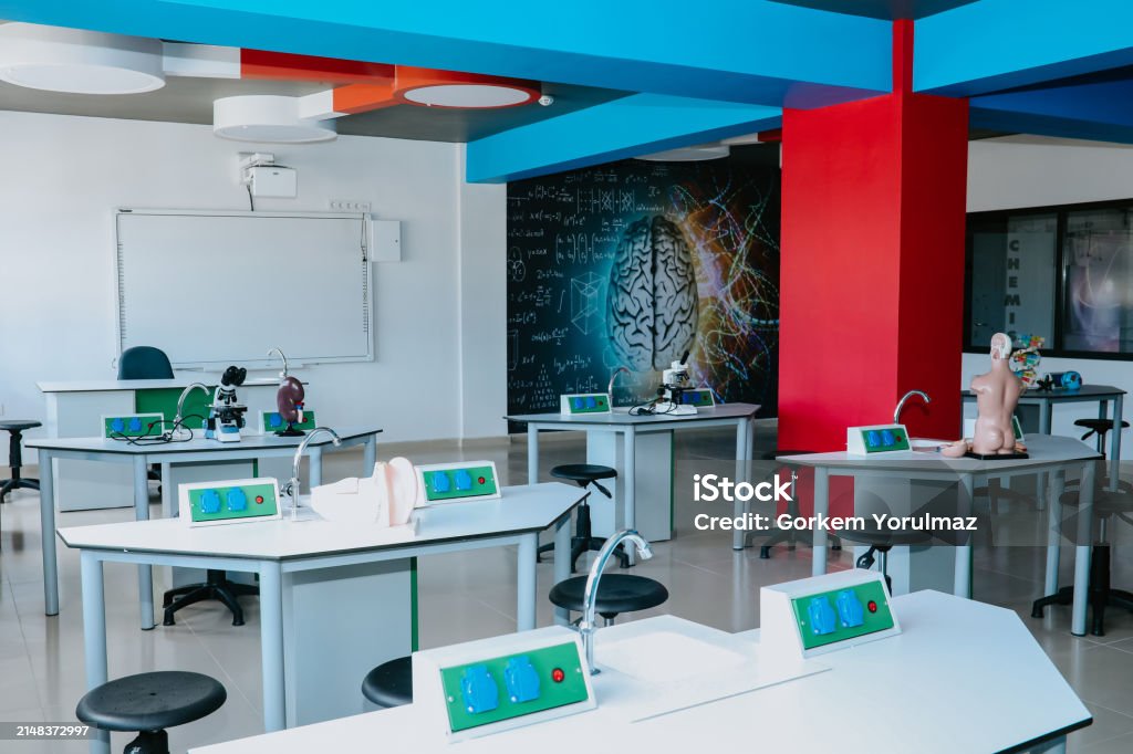 Single Computer Stock Image Lab Modern Empty Science Laboratory With Computers Microscopes Test Tubes ...
