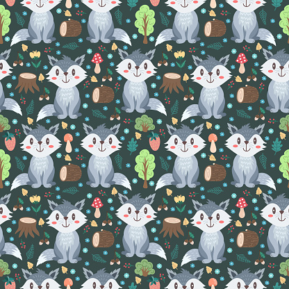 Seamless cute pattern with wolf and forest elements - log, flowers, trees, mushrooms, insects. Flat style children's vector