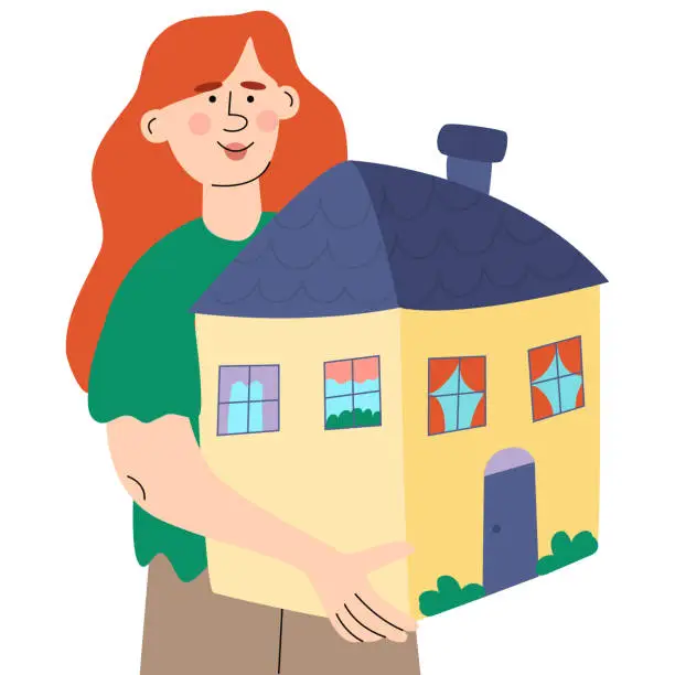 Vector illustration of The happy woman holds the house. Woman rejoices in buying a house.