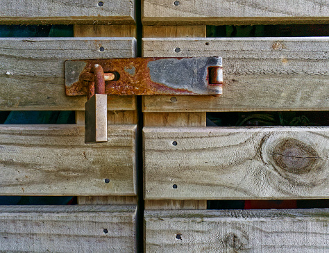 Rusty lock, hasp and staple on a wooden farmyard barn door.