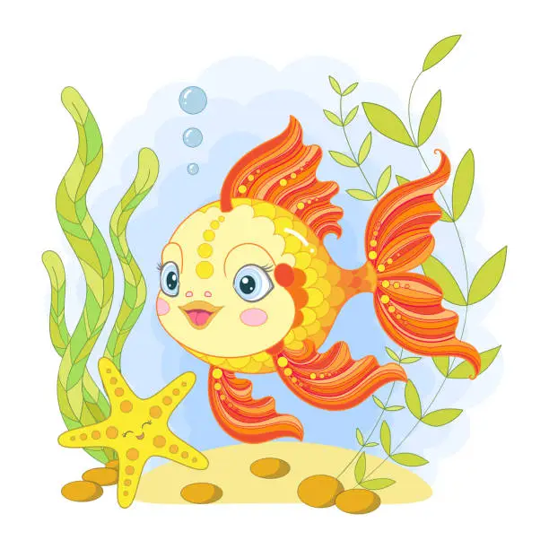 Vector illustration of Funny goldfish in the sea. Vector illustration