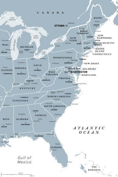 stockillustraties, clipart, cartoons en iconen met east coast of the united states, the atlantic coast, gray political map - oost