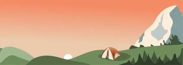 Vector illustration of Mountain landscape with tent.