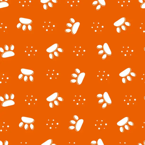 Vector illustration of Vector illustration of a seamless pattern consisting of silhouettes of animal paws on an orange background